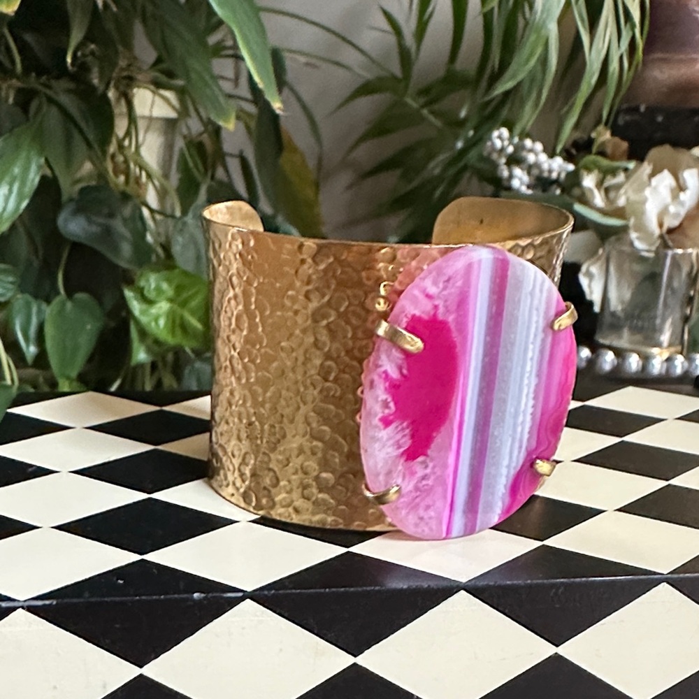 Vibrant Pink Agate Stone Hammered Gold Cuff Bracelet Proverbs 31:10